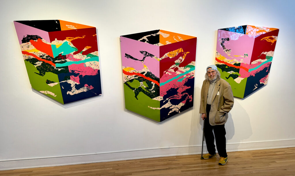 Ronald Davis at The Harwood Museum, Taos, with newly acquired painting, Three Panel 1969 (p0154)