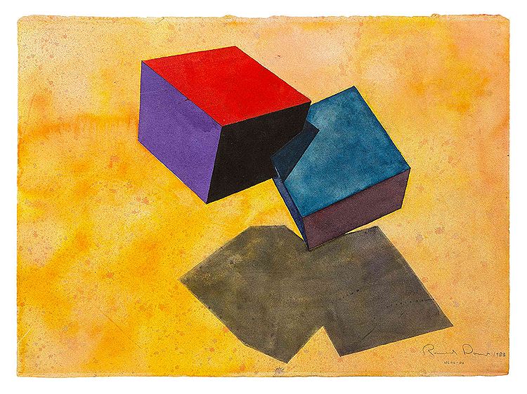 Mitered Cube over Stripes, 1988, PTG 0936, 36 x 48 inches, CAD, cel vinyl acrylic on canvas
