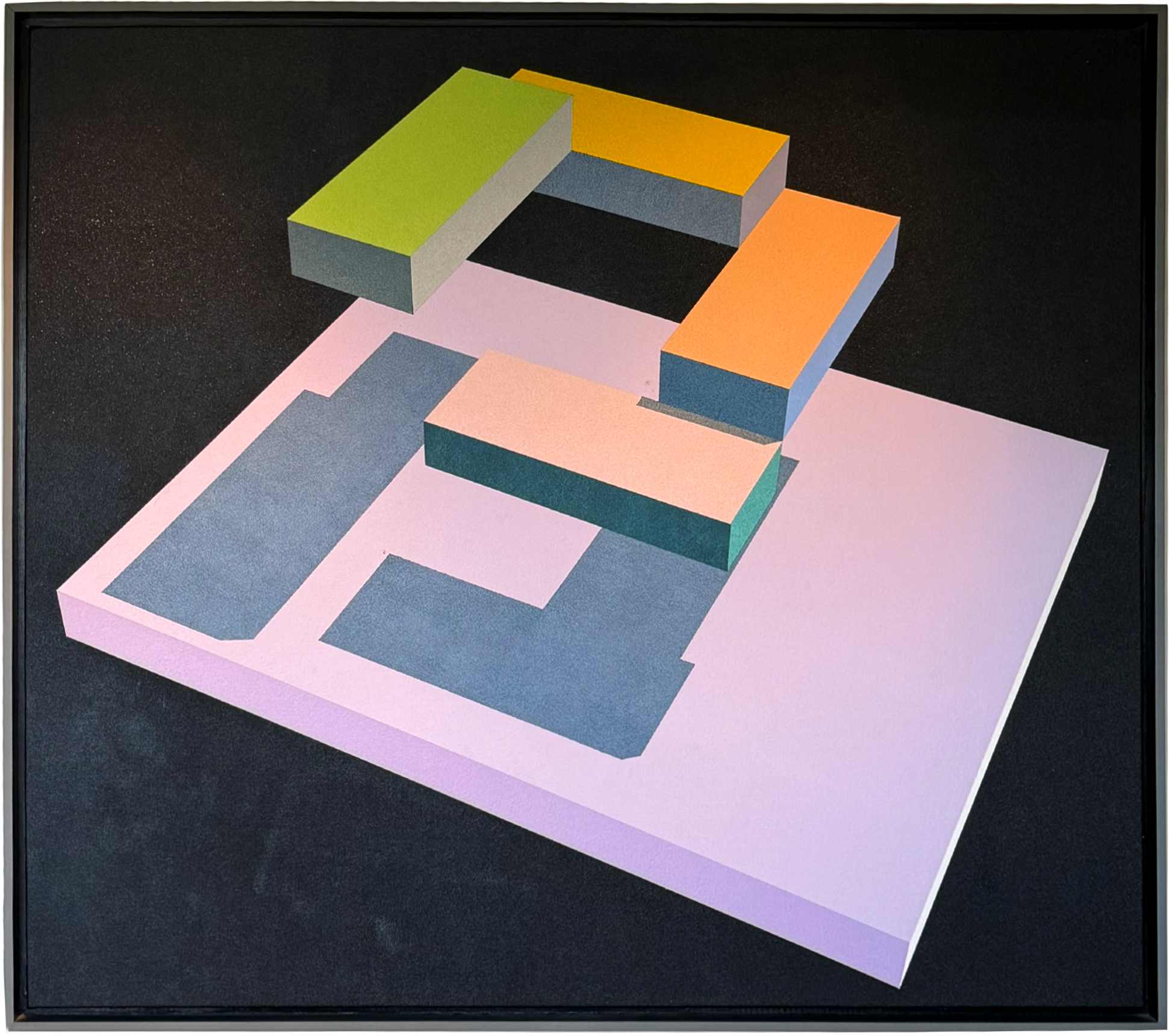 RON-DAVIS--ray-trace-acrylic-on-canvas Ron Davis - Four Beam Spiral Over Slab, 1988, Cel-vinyl acrylic copolymer and Nova gel on canvas, CAD Series, PTG 0924